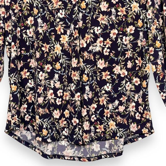 Two by Vince Camuto Blouse Women Size M Floral Multicolor Curved Hem V-neck‎ - Picture 5 of 15